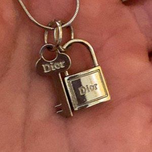Silver Christian Dior Lock & Key Pendant Necklace